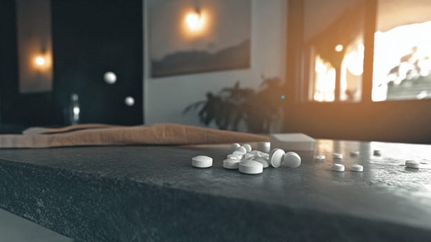 White pills spill on a countertop, contrasting with a blurred sunset background. The image conveys danger, risk, and issues like medication, addiction, and mental health
