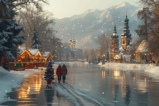 A stunning and picturesque snowy landscape featuring a charming little village adorned with beautiful holiday lights