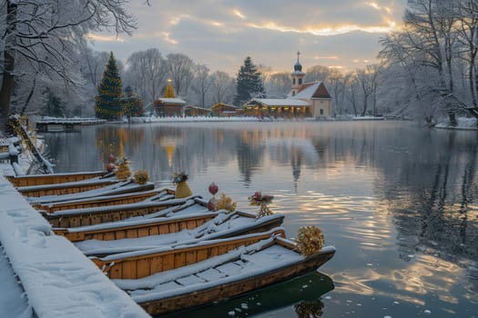 A serene and tranquil winter scene featuring beautiful snowcovered boats alongside a picturesque lake at sunset
