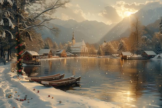 A stunning winter scene with soft snow on tall mountains and cozy cabins by a serene, tranquil lake