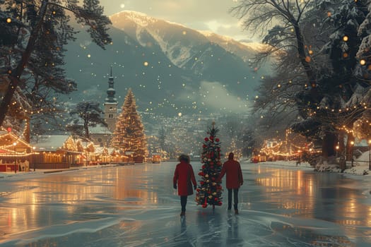 A stunningly beautiful and picturesque winter scene that showcases glowing lights amidst a serene, icy landscape