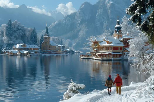 Imagine a serene winter scene with a shimmering lake, snowcovered mountains, and charming cozy cottages