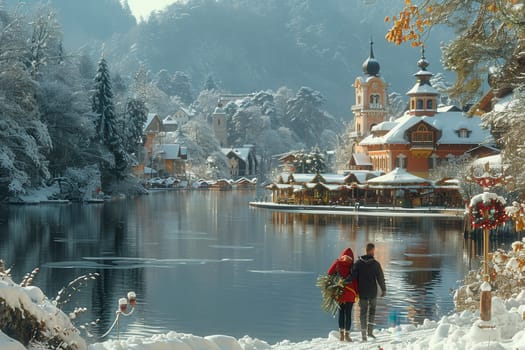 A serene winter scene featuring a couple by a snowy river with charming buildings in the background.
