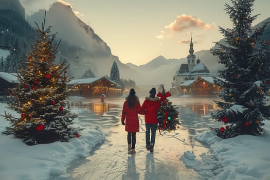 A lovely couple is enjoying a picturesque winter stroll, fully surrounded by the enchanting seasonal beauty of nature