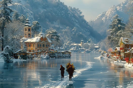 A serene and tranquil winter scene featuring a frozen river, snowcovered trees, and quaint charming houses nearby