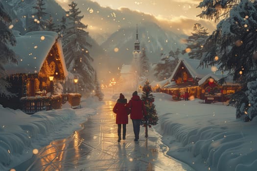 In a picturesque snowy village scene, warm lights create a festive atmosphere, enhancing the charm at dusk