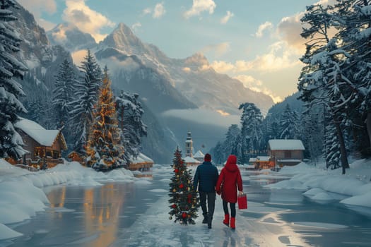A couple strolls hand in hand through a picturesque snowy landscape with shimmering holiday lights and tall trees