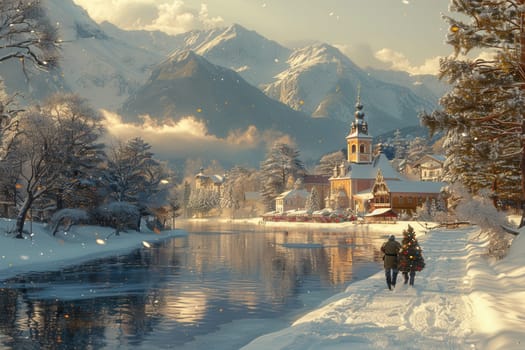 A serene and tranquil winter scene featuring a peaceful river, beautiful snowy mountains, and a charming village