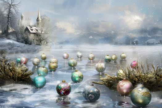 A stunningly magical winter landscape with colorful ornaments gently floating on a serene, snowy lake