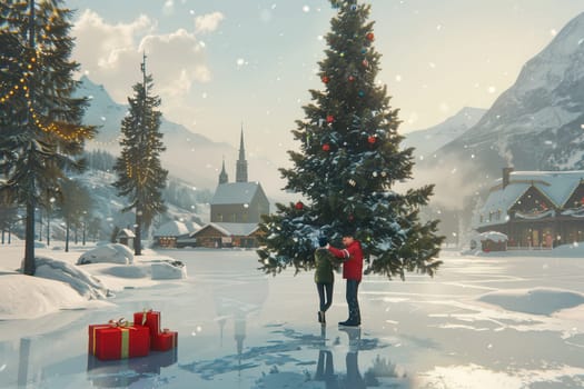 A couple shares a romantic moment beside a beautifully decorated Christmas tree in a snowy landscape.