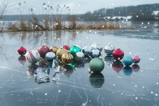 Vibrant Christmas ornaments are scattered on the ice, enhanced by snowfall, creating a festive winter scene