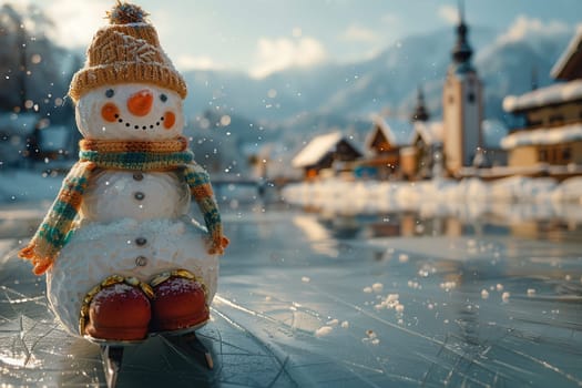 A delightful and festive snowman joyfully skating on a vast frozen lake, surrounded by a picturesque winter village