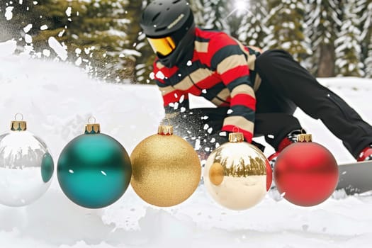 A snowboarder is joyously enjoying the fresh winter snow, completely surrounded by beautiful festive holiday ornaments