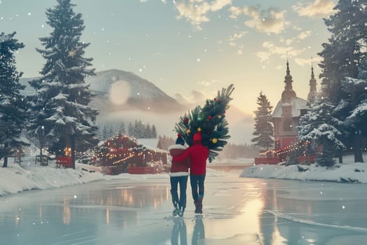 A couple joyfully skates together with a beautifully adorned Christmas tree set against a snowy landscape at sunset