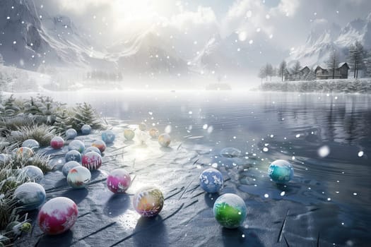 A serene winter scene with colorful snowballs scattered across a tranquil, snowy lakeside landscape