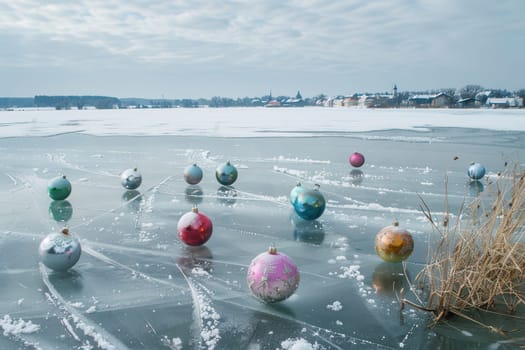 Vibrant and decorative ornaments are scattered beautifully across the icy lake, creating a whimsical winter scene