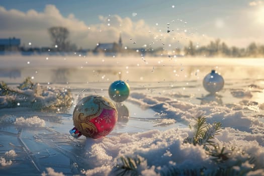 The vibrant Christmas ornaments are beautifully resting on the pristine snowcovered ground in a serene winter setting
