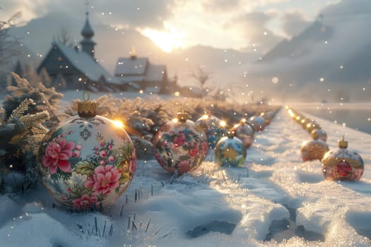 Stunning and beautiful decorative ornaments are placed in a serene winter setting, glimmering and sparkling at sunrise