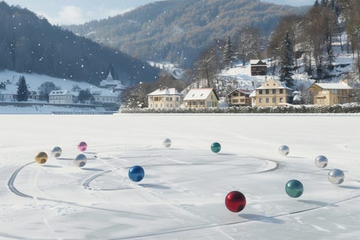 Vibrant and colorful spheres are scattered on a serene, snowcovered lake, reflecting the beauty of winter