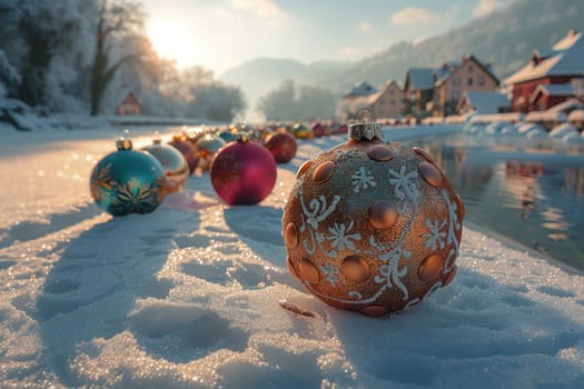 Festively vibrant ornaments are scattered across the snow, overlooking a tranquil river and picturesque winter scenery