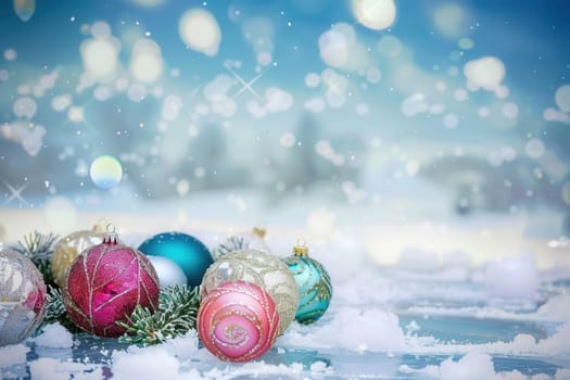 Festive holiday ornaments artfully set amidst a blanket of fresh, charming snow, ideal for winter celebrations