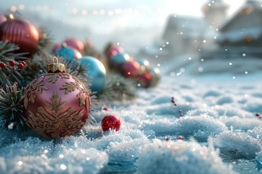 Festive Christmas ornaments are beautifully resting on soft layers of snow, perfectly capturing the holiday spirit