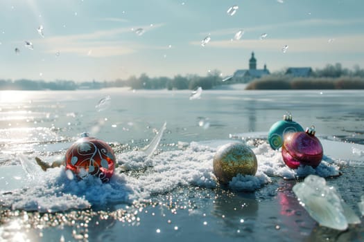 A collection of colorful Christmas ornaments beautifully resting on a snowy, frozen lake, with a distant church