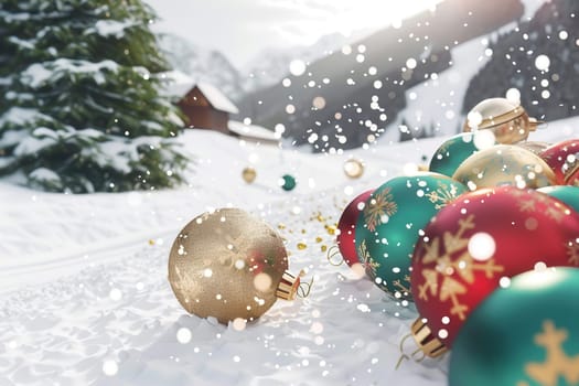 Festive ornaments scatter across the snow, creating a stunning winter backdrop for vibrant holiday themes