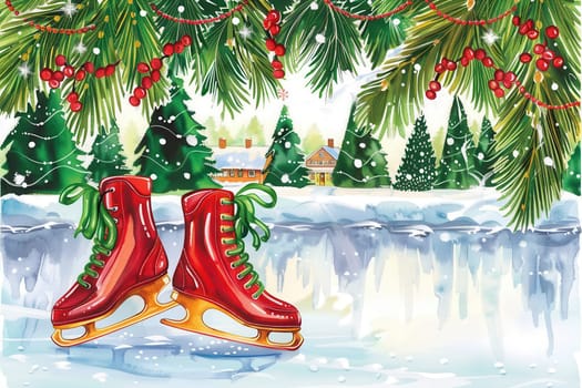 A delightful festive winter scene that features vibrant red ice skates, tall pine trees, and gently falling snowflakes