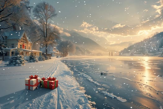 A serene snowy scene with festive gifts by a frozen lake and stunning winter mountains in the background