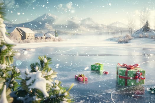 A serene winter landscape showcases beautifully wrapped gifts resting on a frozen lake as gentle snowflakes fall