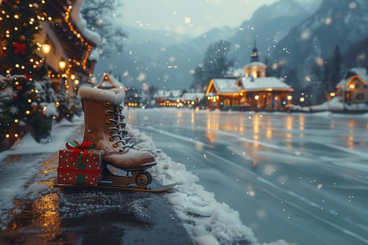 A cozy winter scene with ice skates on a frozen lake, gentle snowfall, and lovely holiday decorations