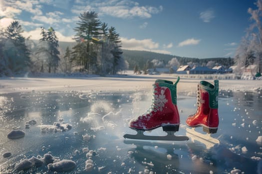 Vibrant and colorful ice skates rest comfortably on a glistening frozen lake surrounded by a winter landscape