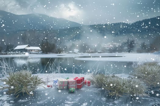 A serene winter scene with snow, a lovely lake, and joyful holiday gifts against a picturesque backdrop