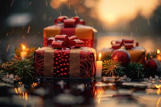 A festive scene with wrapped Christmas gifts, glowing candles, and cheerful decorations against a rainy backdrop