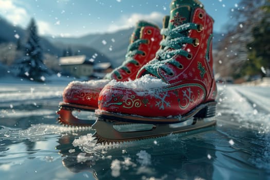Vibrant and striking red ice skates are charmingly adorned with fresh snow, set against a beautiful winter landscape