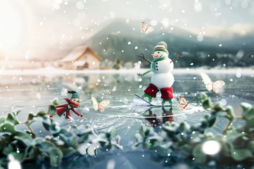 A delightful winter scene captures a charming snowman alongside a playful little elf joyfully skating on ice