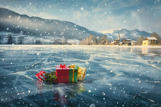 A colorful gift collection sits on a frozen lake, surrounded by glistening snow, creating a magical winter atmosphere