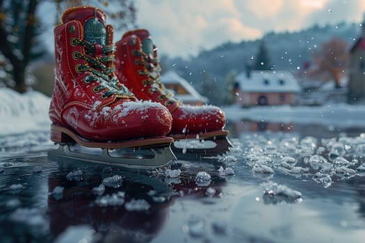 Vibrant red ice skates elegantly rest on a frozen lake surrounded by a picturesque, snowy winter landscape
