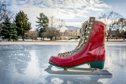 Red ice skates glide on a frozen lake, a perfect setting for winter sports and fun outdoor activities