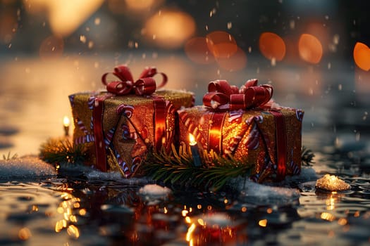 Festive holiday presents are arranged on a reflective surface, lit by glowing bokeh in a joyful winter setting