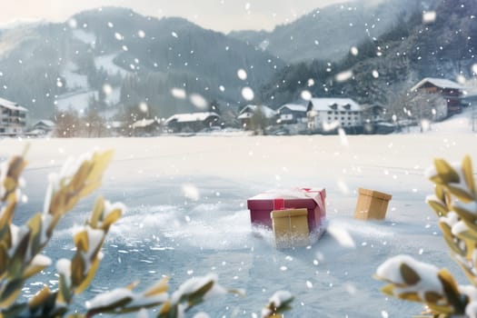 A serene winter scene with colorful gifts floating on a frozen lake, surrounded by stunning snowy mountains