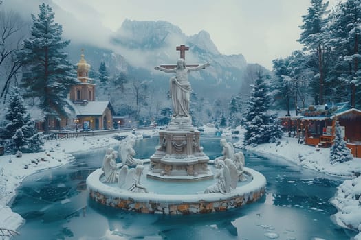 This serene winter scene showcases a beautiful statue fountain, a snowy landscape, and a quaint church nearby
