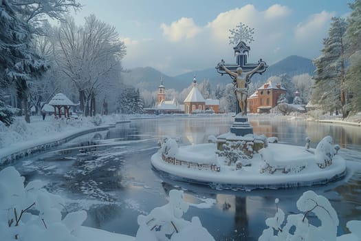 A serene winter landscape features snowcovered trees, a frozen pond, and a beautiful fountain for all to admire