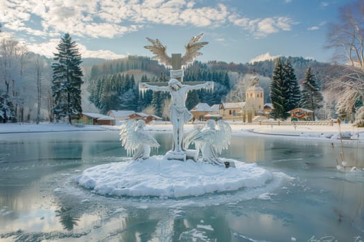 A serene winter scene with a frozen pond, lush trees, and elegant statues surrounded by pristine snow