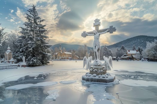 A serene winter scene features a frozen fountain and snowy trees under a dramatic sky, creating a magical atmosphere