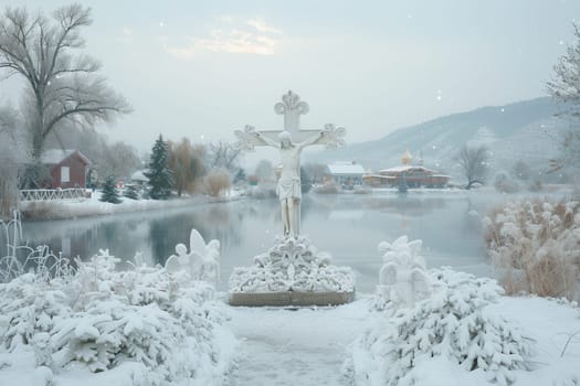 A serene winter scene showcasing a beautiful religious statue set amidst a breathtaking, snowcovered nature
