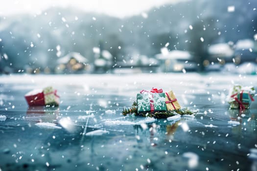 A beautifully serene winter landscape is showcasing wrapped presents nestled amidst gently falling snowflakes