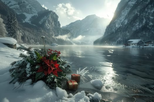 A serene winter landscape with a bouquet, vibrant gifts, and a tranquil lake surrounded by majestic mountains
