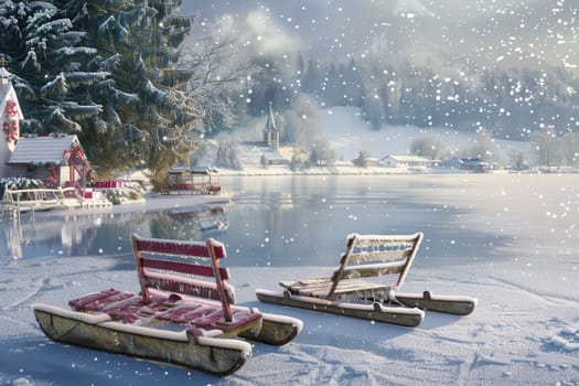 A serene winter scene with rustic sleds by a snowy lake, surrounded by trees and gently falling snowflakes